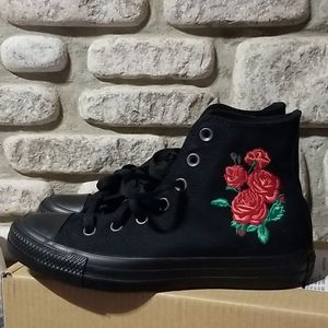 NEW Custom Converse All Star High Top Chuck Roses Embroidered Black Shoes (Rare)